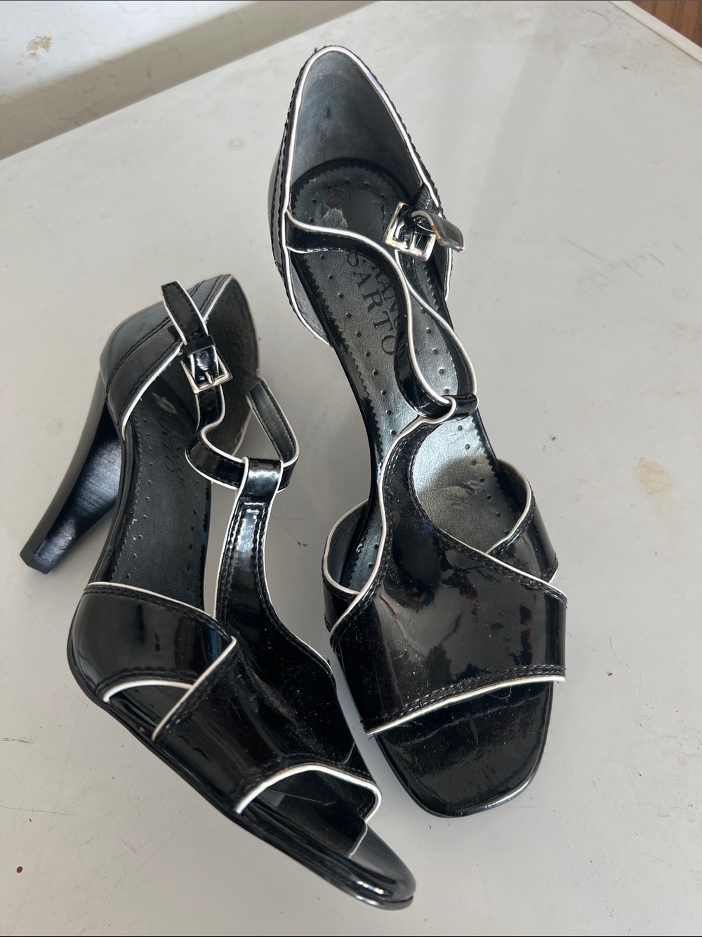 Franco Sarto Black Patent T-Strap Heels with White Trim